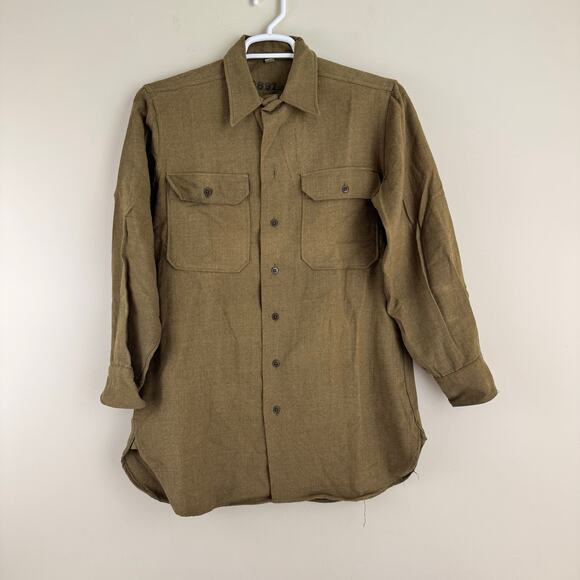 WWII Vtg Wool Shirt US Military Olive Drab Khaki Button Placket Sz 15/32 READ - Picture 1 of 16